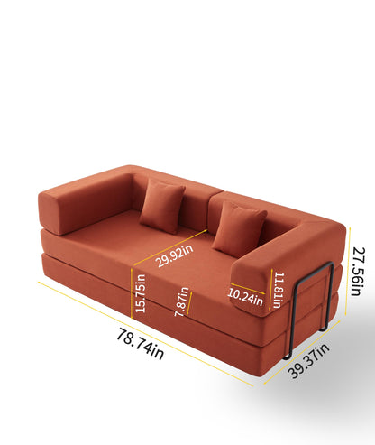 KEIKI 78” Futon Sofa Bed, 4-in-1 Folding Convertible Corduroy Sleeper Sofa, Boneless Couch for Living Room with Supportive Metal Frame, Modern Floor Lounge for Relaxing Reading Napping, Orange