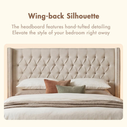 Madison Park Amelia Upholstered Headboard | Nail Head Trim Wingback Button Tufted | King, Cream