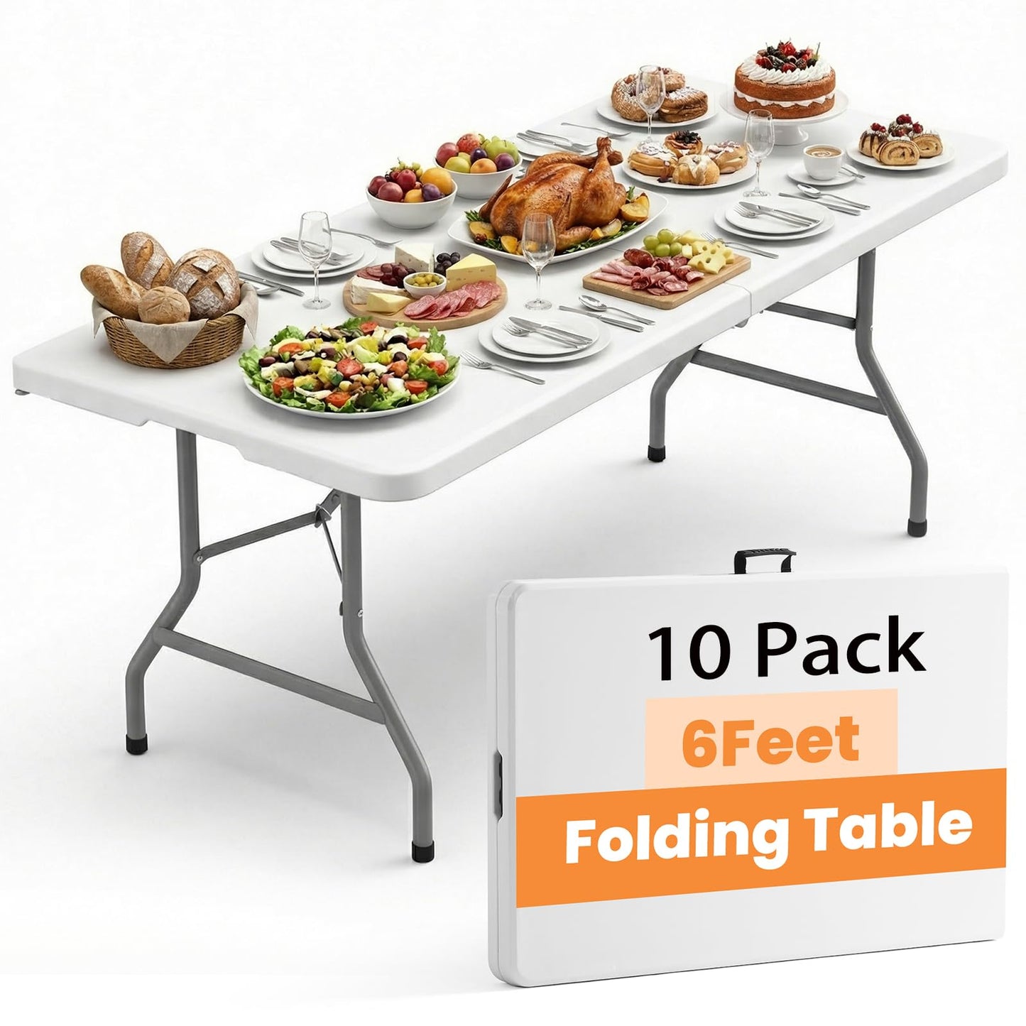 EDWINENE Bulk 6 Foot Foldable Table 10 Pack Heavy Duty Plastic Utility Table with Carrying Handle for Event Rental, Catering Business, Outdoor & Indoor Commercial Use