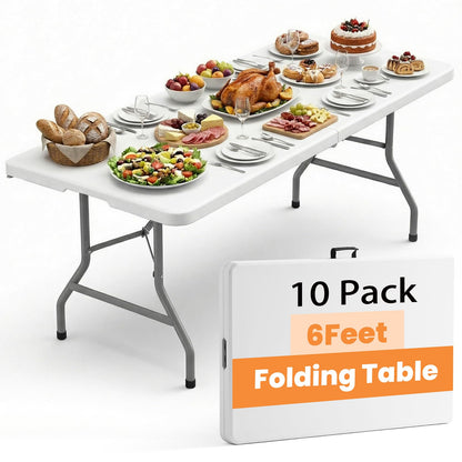 EDWINENE Bulk 6 Foot Foldable Table 10 Pack Heavy Duty Plastic Utility Table with Carrying Handle for Event Rental, Catering Business, Outdoor & Indoor Commercial Use