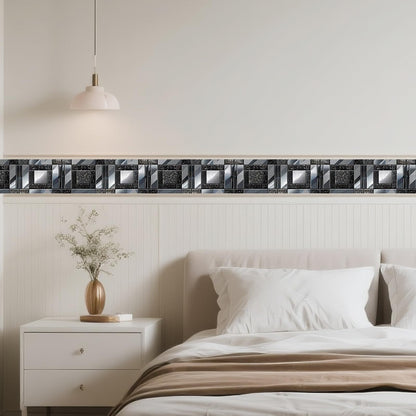 IVN Wallpaper Border Peel and Stick Wall Black and Silver Mosaic Decorative Wall Trim Self Adhesive Border for Walls Mirror Frame Accent Strip for Bedroom Kitchen LivingRoom 4x196 Inch