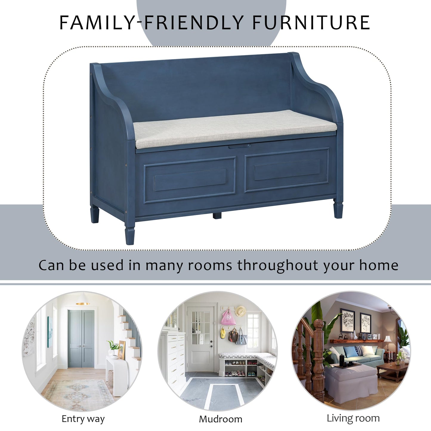 Brisca Rustic Style Storage Bench with Safety Hinge,Solid Wood Entryway Multifunctional Shoe Stool,W/Removable Upholstered Cushion,for Foyer,Bedroom,Antique Navy+Beige