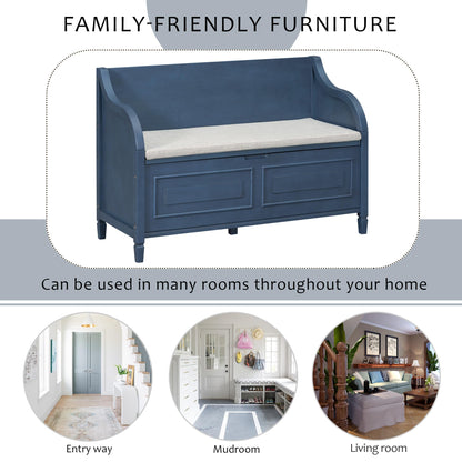 Brisca Rustic Style Storage Bench with Safety Hinge,Solid Wood Entryway Multifunctional Shoe Stool,W/Removable Upholstered Cushion,for Foyer,Bedroom,Antique Navy+Beige