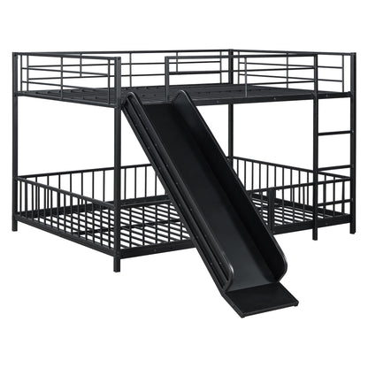 Bellemave Full Over Full Bunk Bed with Slide and Ladder, Metal Low Bunk Bed for Kids, Girls, Boys, Removable Fence, with Door, Black