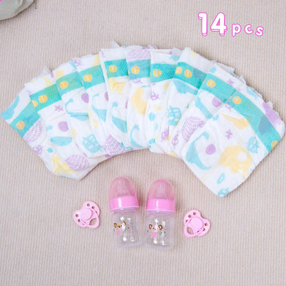 14 pcs Reborn Baby Doll Accessories with Feeding Set - Includes 10 Reborn Baby Doll Diaper , 2 Feeding Bottles and 2 Babydolls Pacifier Accessories
