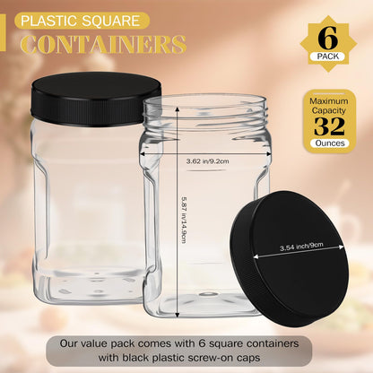 Geiserailie 6 Pcs Square Clear Plastic Jars with Pinch Handle Plastic Storage Container with Screw-on Lids Reusable Wide Mouth Canisters for Dry Good Peanut Cookies Candy (32 oz,Black Lids)