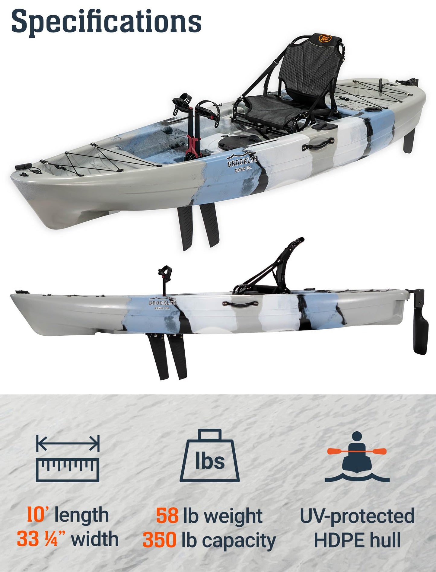 Brooklyn 10.0 Single Pedal Fishing Kayak by BKC, Lightweight Sit-On-Top Kayak with Flipper Drive, Rudder, Rod Holders & Cargo Storage