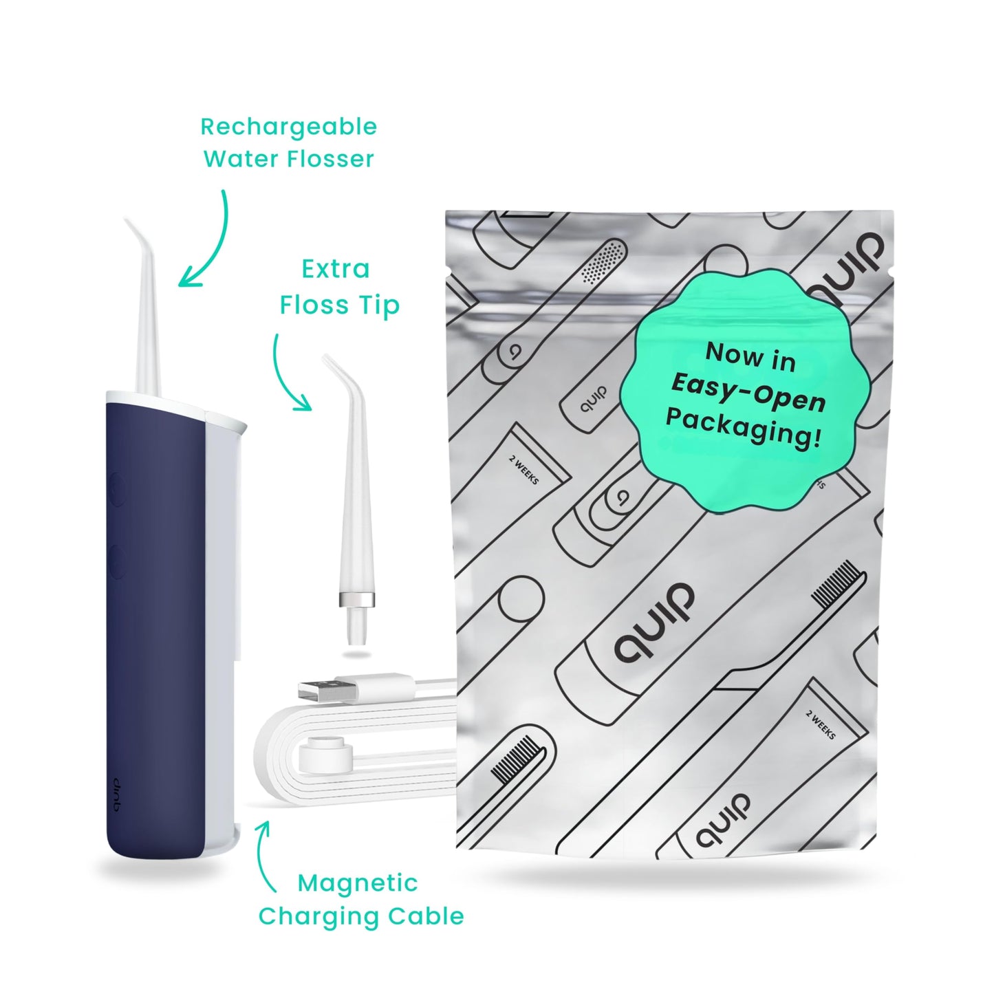 quip Water Flosser with Replacement Tip - Cordless Water Flosser with Adjustable Pressure - Teeth Cleaner Pick with 360 Degree Rotating Replaceable Tip - Midnight Blue