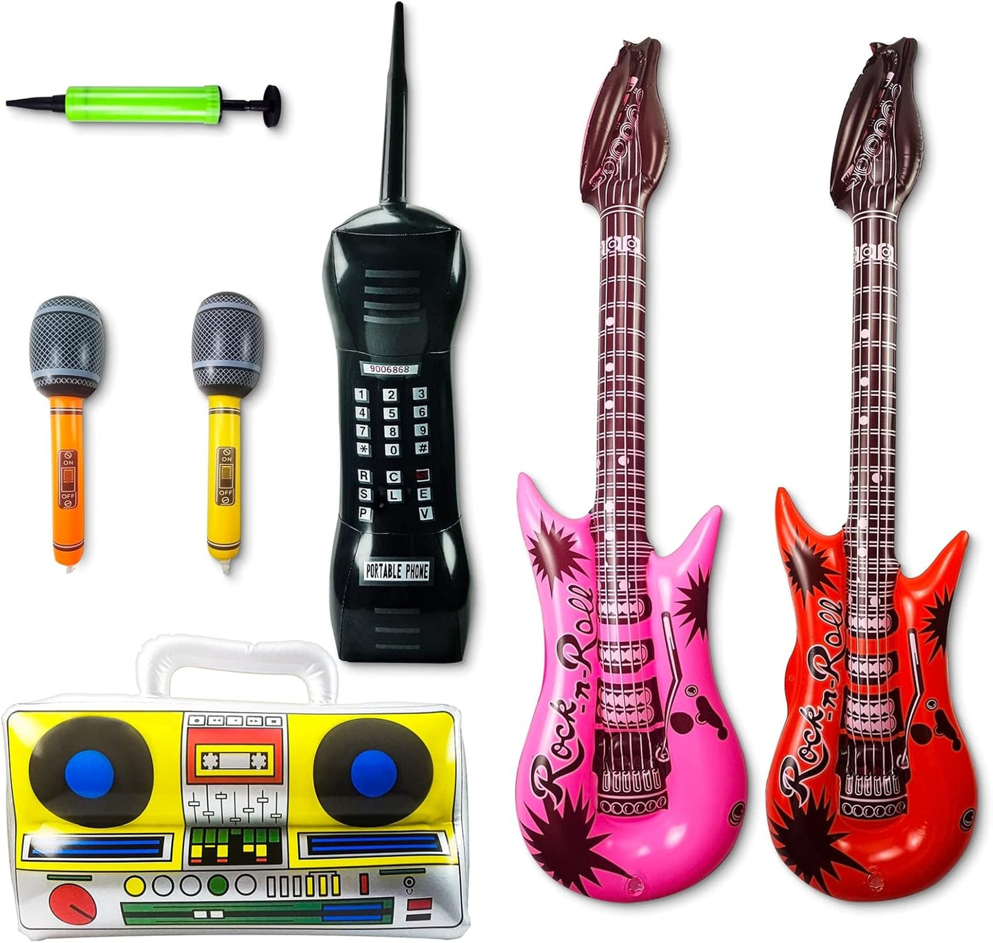Fraiieon 80s/90s Inflatable Guitar Microphone Boombox Phone for Carnival Theme Party Decorations Hip Hop Photo Booth