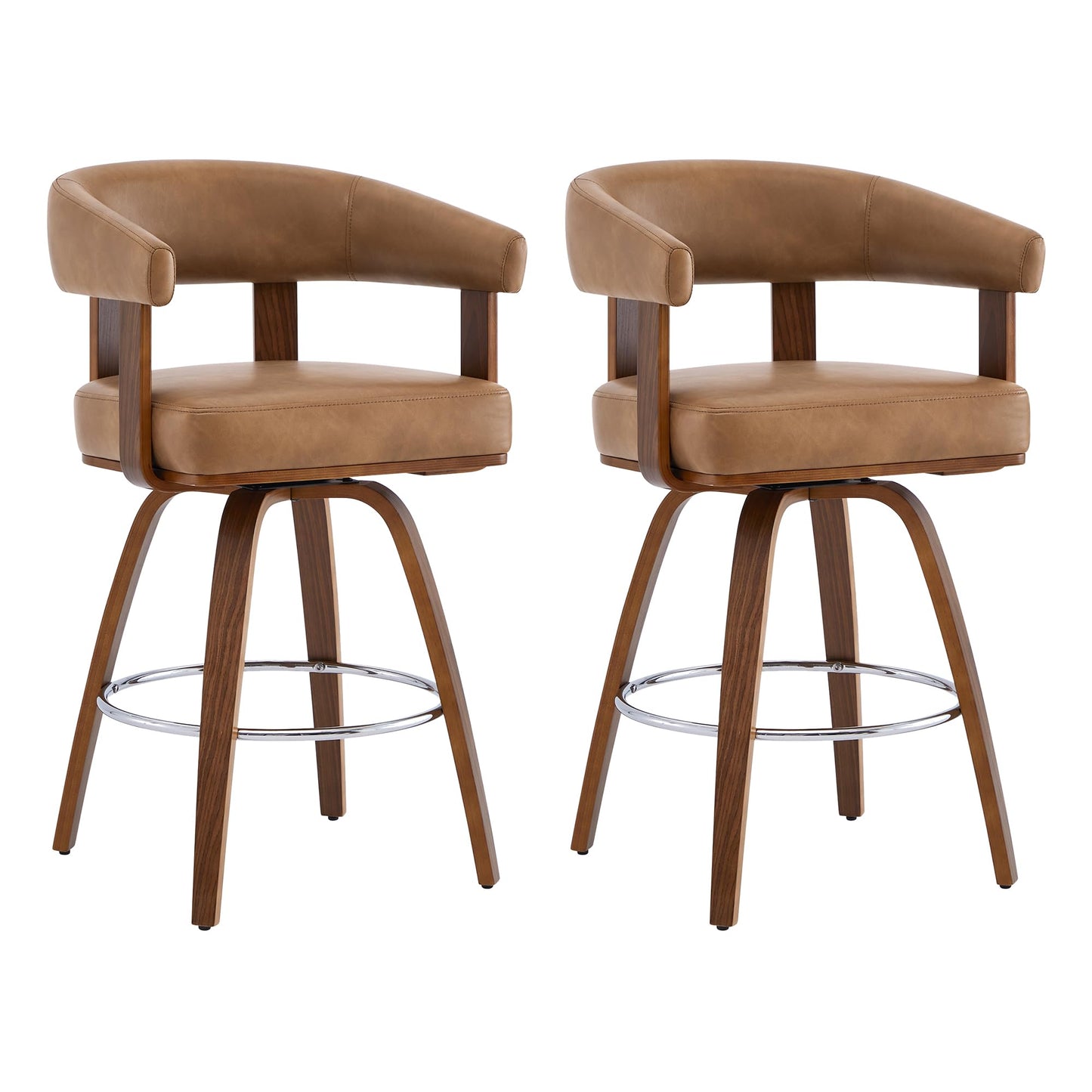 CHITA Swivel Counter Height Barstools Set of 2, FSC Certified Faux Leather Upholstered Bar Stools with Back and Armrest for Kitchen Island Home Bar, 27" Seat Height, Camel with Walnut Frame