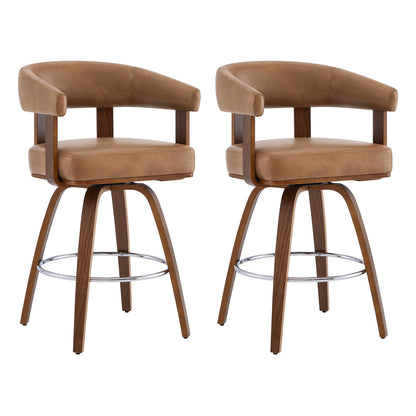 CHITA Swivel Counter Height Barstools Set of 2, FSC Certified Faux Leather Upholstered Bar Stools with Back and Armrest for Kitchen Island Home Bar, 27" Seat Height, Camel with Walnut Frame