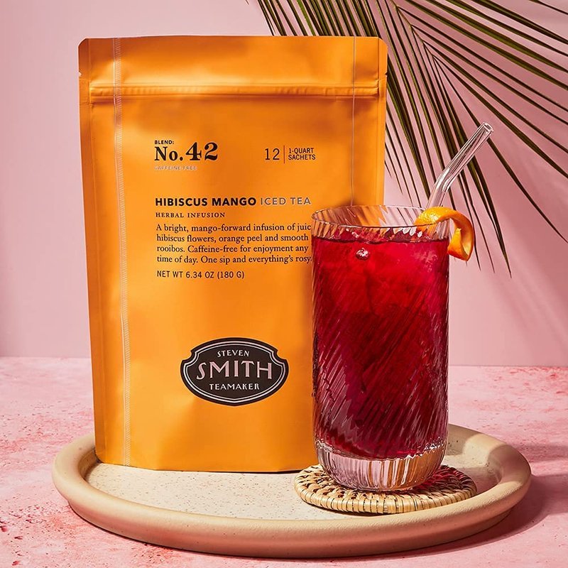 Steven Smith Teamaker Hibiscus Mango Iced Tea No. 42, Refreshing, Caffeine-Free, Sustainably Grown, Full Leaf Herbal Iced Tea, 10 Count, 1 Quart Sachets