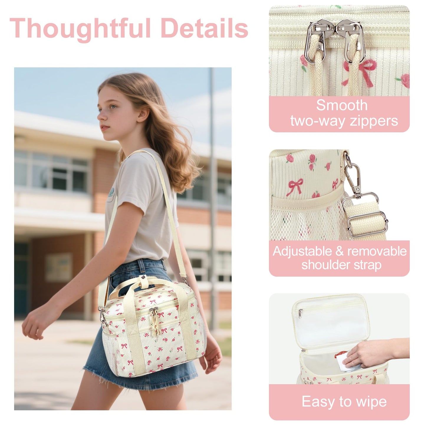 BTOOP Insulated Lunch Bag for Women, Cute Leakproof Lunch Tote, Large Capacity Aesthetic Lunch Box Bag with Shoulder Strap for Work, School, Picnic Pink Bow Floral