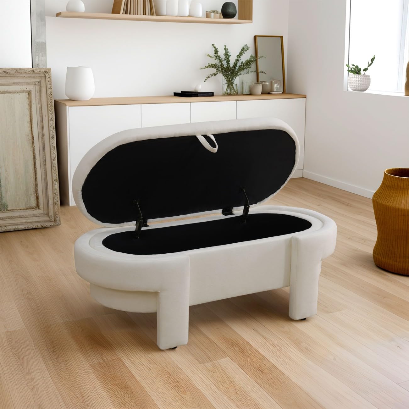 UOCFYK Storage Ottoman Bench 48 Inch Printed Fabric Upholstered Storage Bench for Bedroom End of Bed Large Oval Storage Ottoman for Living Room Entryway, Aesthetic (Off-White)