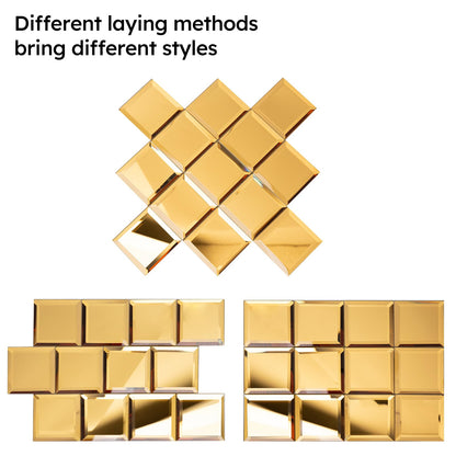 Diflart Peel and Stick Mirror Backsplash, Gold, 3x3 Inch, Beveled Mirror Square Kitchen Bar Wall Tile (2 Sq.ft, 32 Pcs)