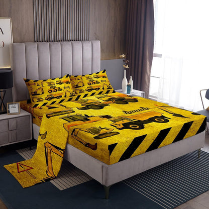 Set Set Erosebridal Excavators Bed Sheets Twin Size Equipment Trucks Sheet Construction Tractor Fitted Sheet, Yellow