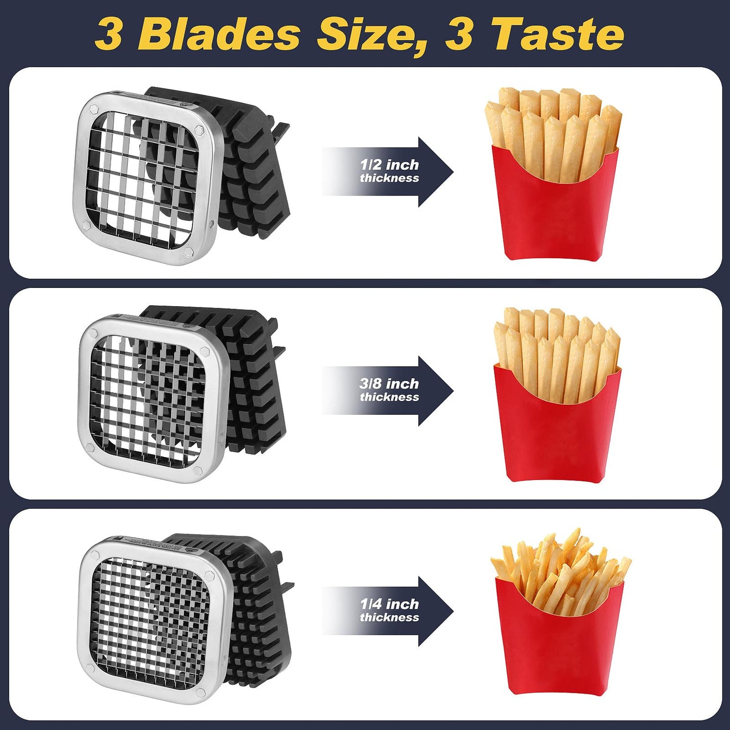 3Pcs French Fry Cutter, Ruooson Professional Potato Cutter Slicer with 1/2 In & 3/8 In & 1/4 In Stainless Steel Blades, Great for Whole Potatoes Carrots Cucumbers.