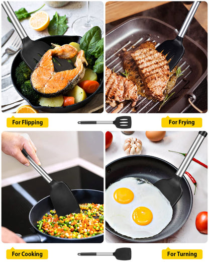 Pack of 2 Silicone Solid Turner, Non Stick Slotted Kitchen Spatulas, High Heat Resistant BPA Free Cooking Utensils, Ideal Cookware for Fish, Eggs, Pancakes(Black)
