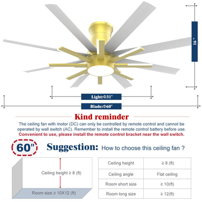 Fande-Aire 60 inch White Ceiling Fans with Lights and Remote, Flush Mount Ceiling Fan for Living Room Bedoom，6 Speed Reversible，8 Blades and 9 Lights，3 CCT，White Gold