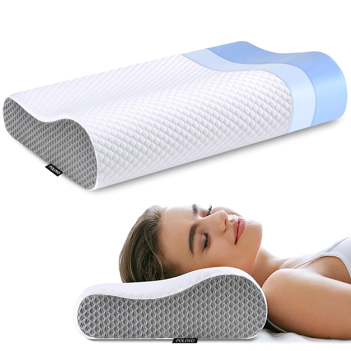 Memory Foam Pillows Neck Pillow Bed Pillow for Sleeping, Ergonomic Cervical Pillow for Neck and Shoulder Pain Relief,Orthopedic Contour Pillow for Side Back Stomach Sleeper(Blue&Grey)