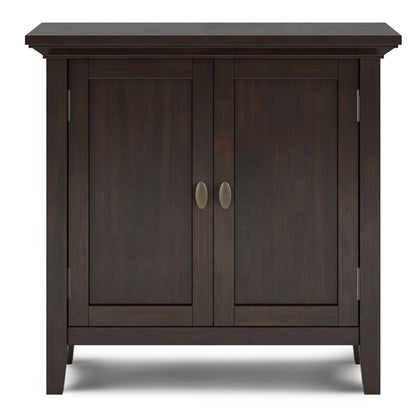 SIMPLIHOME Redmond Storage Cabinet - 32 inch Wide Solid Wood 2-Shelf Low Storage Cabinet in Brunette Brown, Transitional Accent Cabinet for Entryway with Adjustable Shelves and Tapered Legs