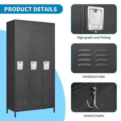 BIZOEIRON 3 Doors Locker Storage Cabinet, Metal Locker for Employees, 72" Tall Lockers for Office School Gym Home, Require Assembly (Black)