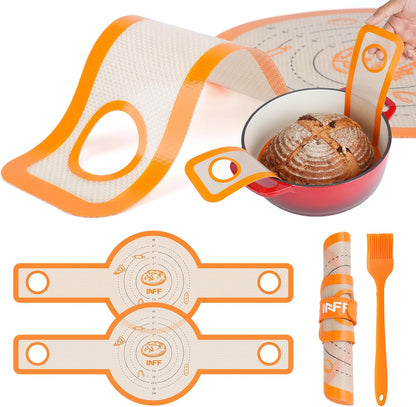 Silicone Bread Sling for Dutch Oven, 2 Pack Non-Stick Baking Mats with Brush and Storage Band, Reusable for Sourdough