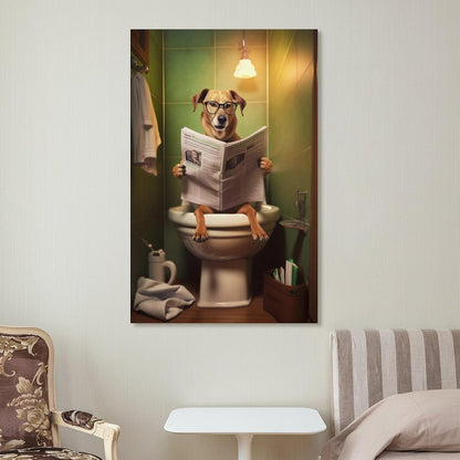FireDeer Funny Bathroom Canvas Wall Art - Dog Reading Newspaper on Toilet Poster Humor Painting for Farmhouse Decor
