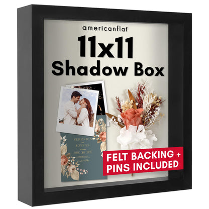 Americanflat 11x11 Shadow Box Frame with Shatter-Resistant Glass - Silhouette Collection - Large Shadow Box Display Case for Tabletop and Wall Display - Black with Soft Felt Back