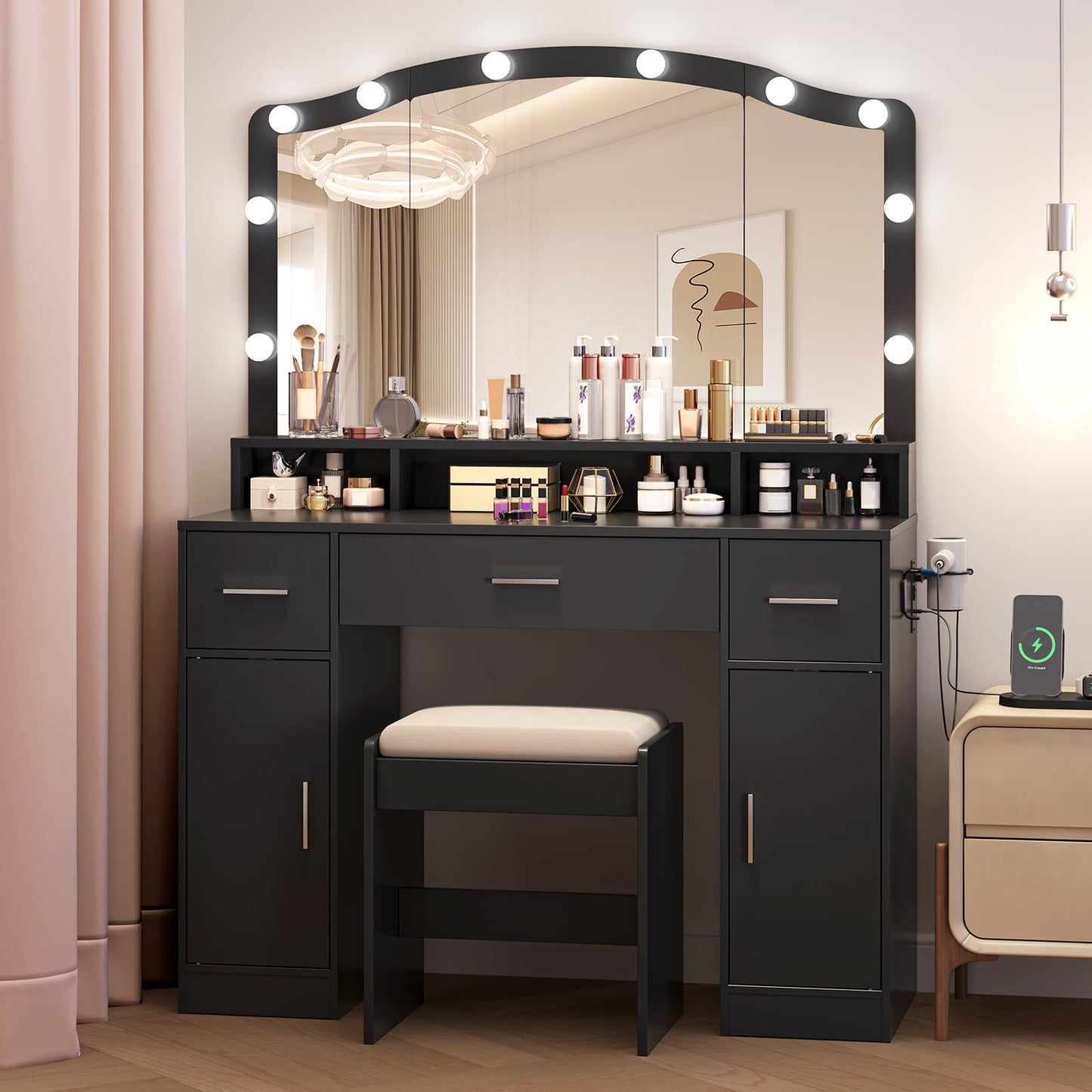 Garvee Vanity Desk with LED Lights and Storage, 10 Adjustable LED Mirror, 3 Drawers, 2 Cabinets, Charging Station AC/USB, Includes Stool, Dressing Table for Women/Girls Bedroom, Black