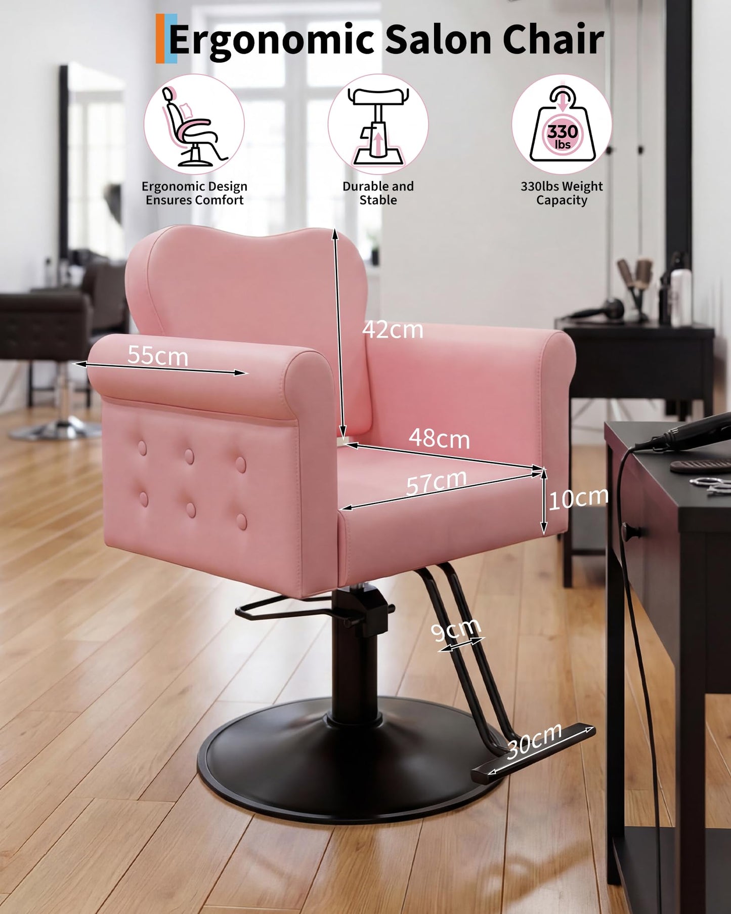 Garvee Salon Chair for Hair Stylist, PU Leather Barber Chair with 360° Swivel, Tufted Button, Metal Round Base, Hydraulic Lift, Supports Up to 330 Lbs, for Barbershop, Beauty Spa, Home, Pink