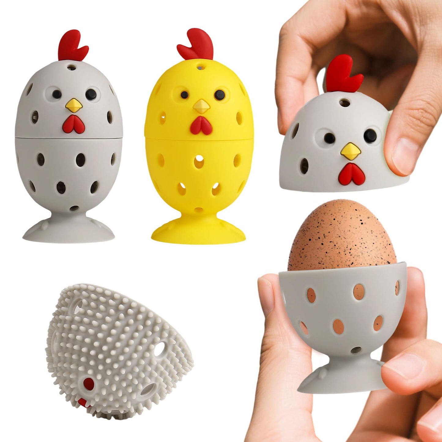 wonlex 4PCS Egg Brush Cleaner Multipurpose Fruit and Vegetable Rotating Scrubber Tool for Fresh Eggs, Reusable Chicken Duck Egg Washer Scrubber (Grey+Yellow)