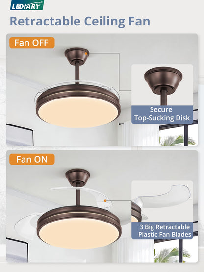 LEDIARY Retractable Ceiling Fan with Lights and Remote & APP Control, 42 Inch Fandelier Ceiling Fan with Light, 6 Speed Dimmable Reversible Memory, Modern Silent Smart Fan for Bedroom Living Room