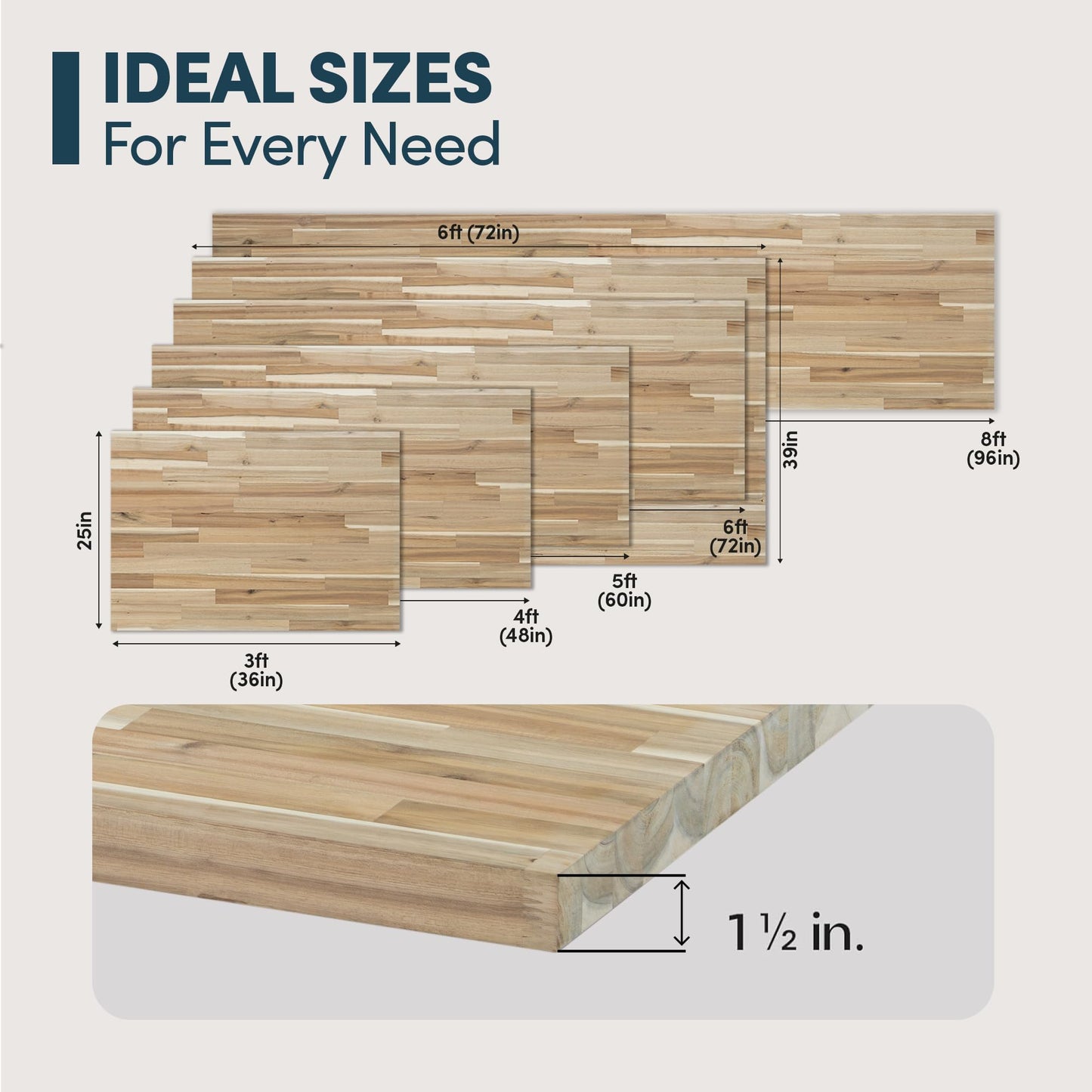 AllForWood 60''L x 36''W x 1.5''Th Acacia Solid Wood Butcher Block Countertop, Butcher Block Table Top for DIY Washer Dryer/Island/Kitchen Countertop (Unfinished)