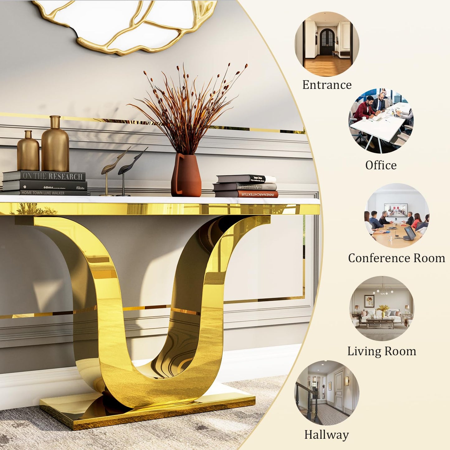 Anewsun Gold Console Table, White and Gold Living Room Sofa Table, 50" Rectangle Console Table for Entryway, Living Room, Office, Foyer, Front Hall, Hallway