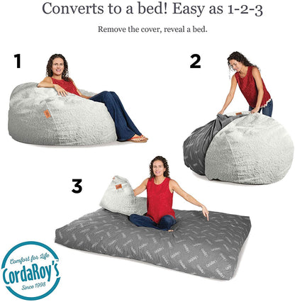 CordaRoy's Faux Fur Bean Bag Chair, Convertible Chair Folds from Bean Bag to Lounger, As Seen on Shark Tank, White - King Size