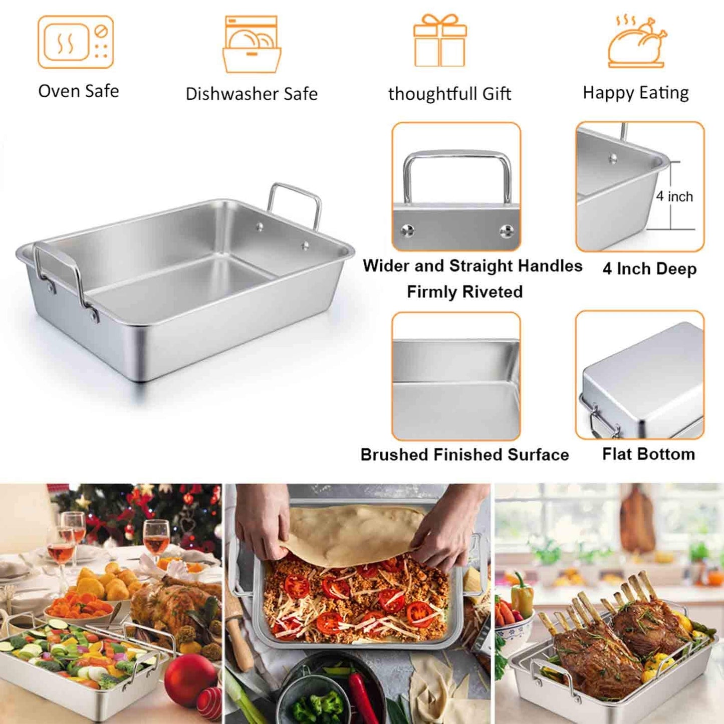 TeamFar Stainless Steel Roasting Pan, 16 Inch Large Turkey Roaster Lasagna Pan with V Rack & Cooling Rack Set for Roasting, Baking, Healthy & Heavy Duty, Deep Side & Dishwasher Safe - 3 PCS