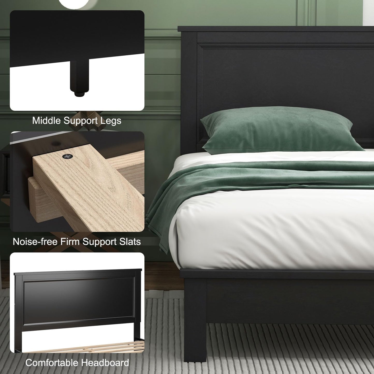 Giantex Wood Queen Platform Bed Frame with Headboard, Mid Century Bed Frame with Solid Wood Legs & Wooden Slat Support, Pallet Bed Mattress Foundation, No Box Spring Needed, Black