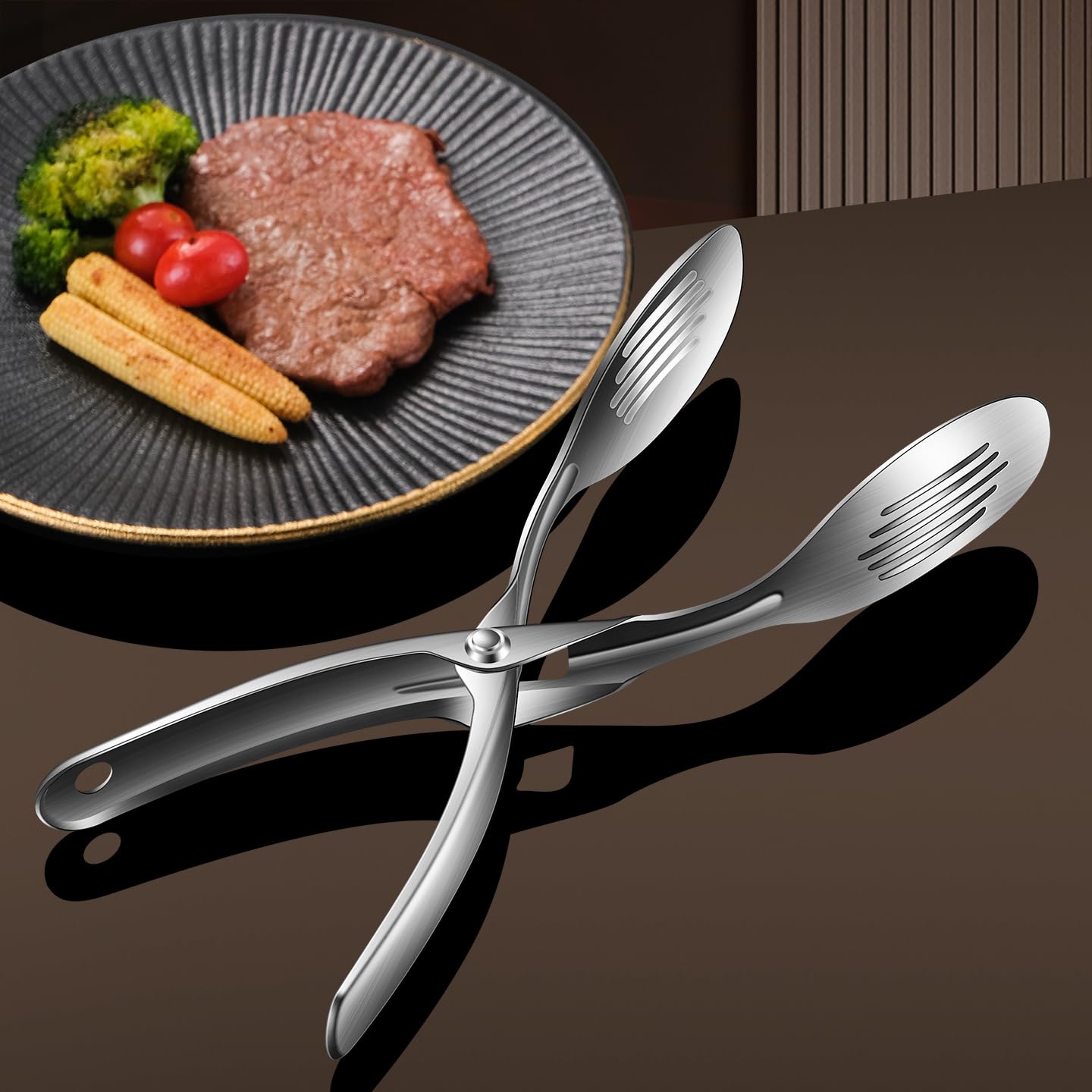 Huakai Kitchen Metal Tongs, Heat-Resistant 600C 304 Stainless Steel Cooking Tongs, Perfect for Food, Steak, Bread, Pizza, Salads and BBQ, Stable Clamping and Flipping Performance