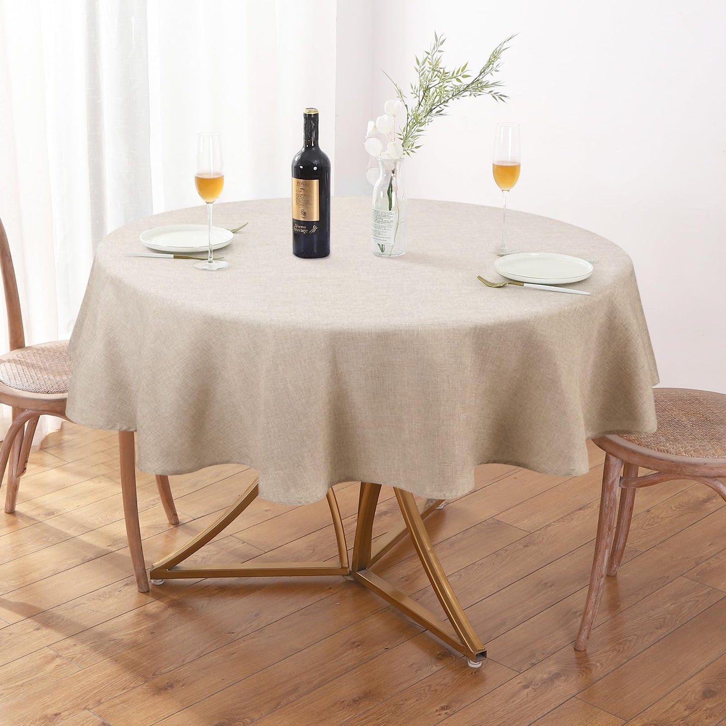 AUSSPVOCT Linen Textured Tablecloth Round Table Cloths 60 inch Water Resistant Spill-Proof Wipeable Tablecloths Wrinkle Free Table Covers for Dining, Farmhouse, Outdoor, Kitchen, Banquet, Khaki