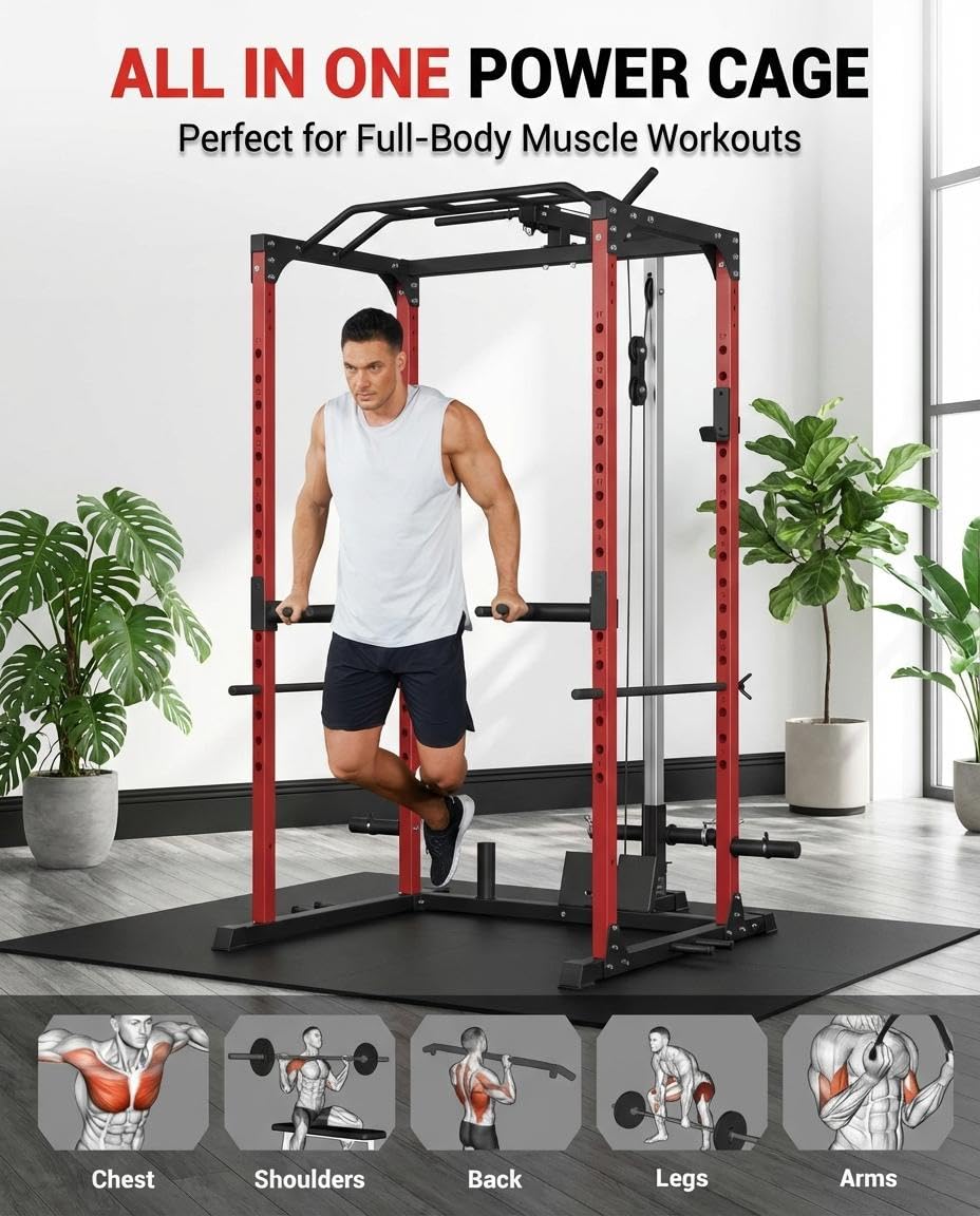ExploreHorizon All-in-1 Power Cage with Pulley System, 1200LBS Multi-Functional Squat Rack for Home Gym, Weight Cage Includes LAT Pulldown, Dip Bars and More Attachments