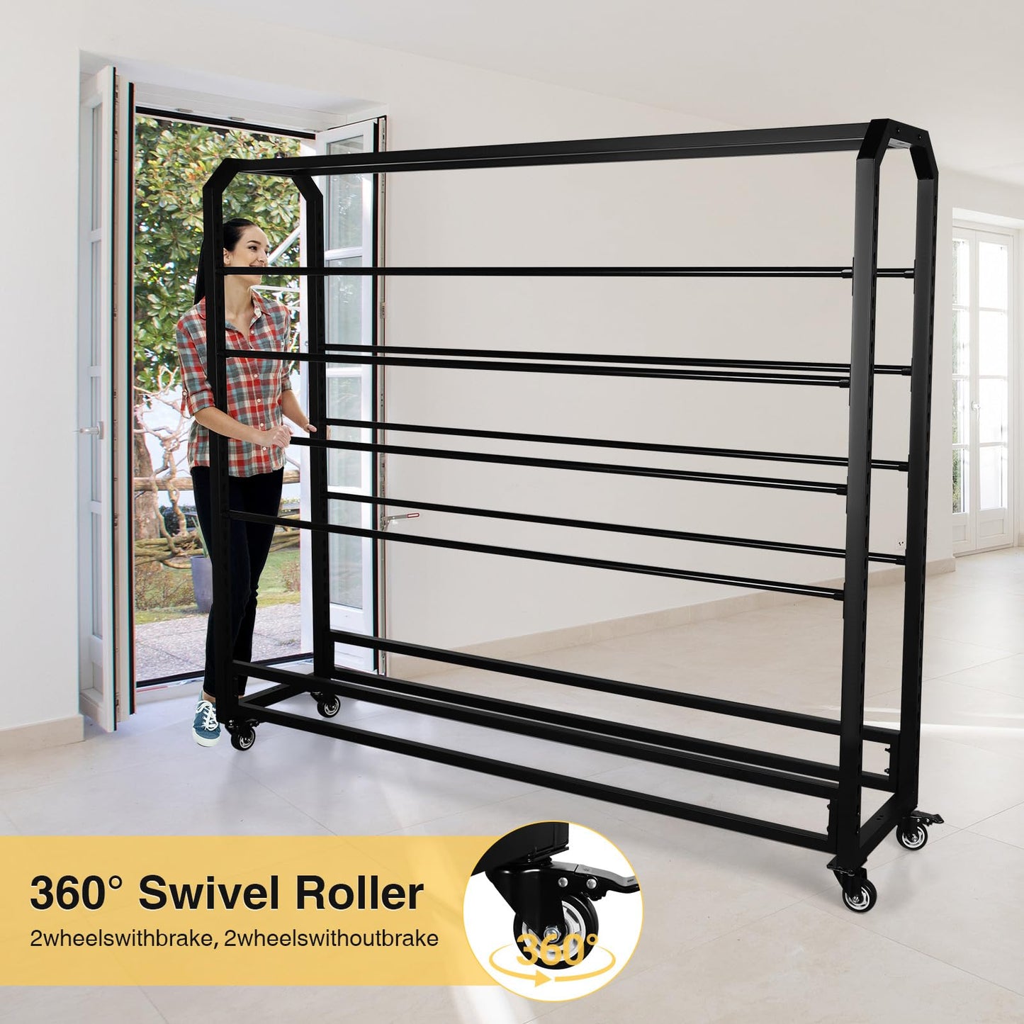 Fabric Roll Storage Rack with Wheel Adjustable Hanging Rod Bracket Display Shelf