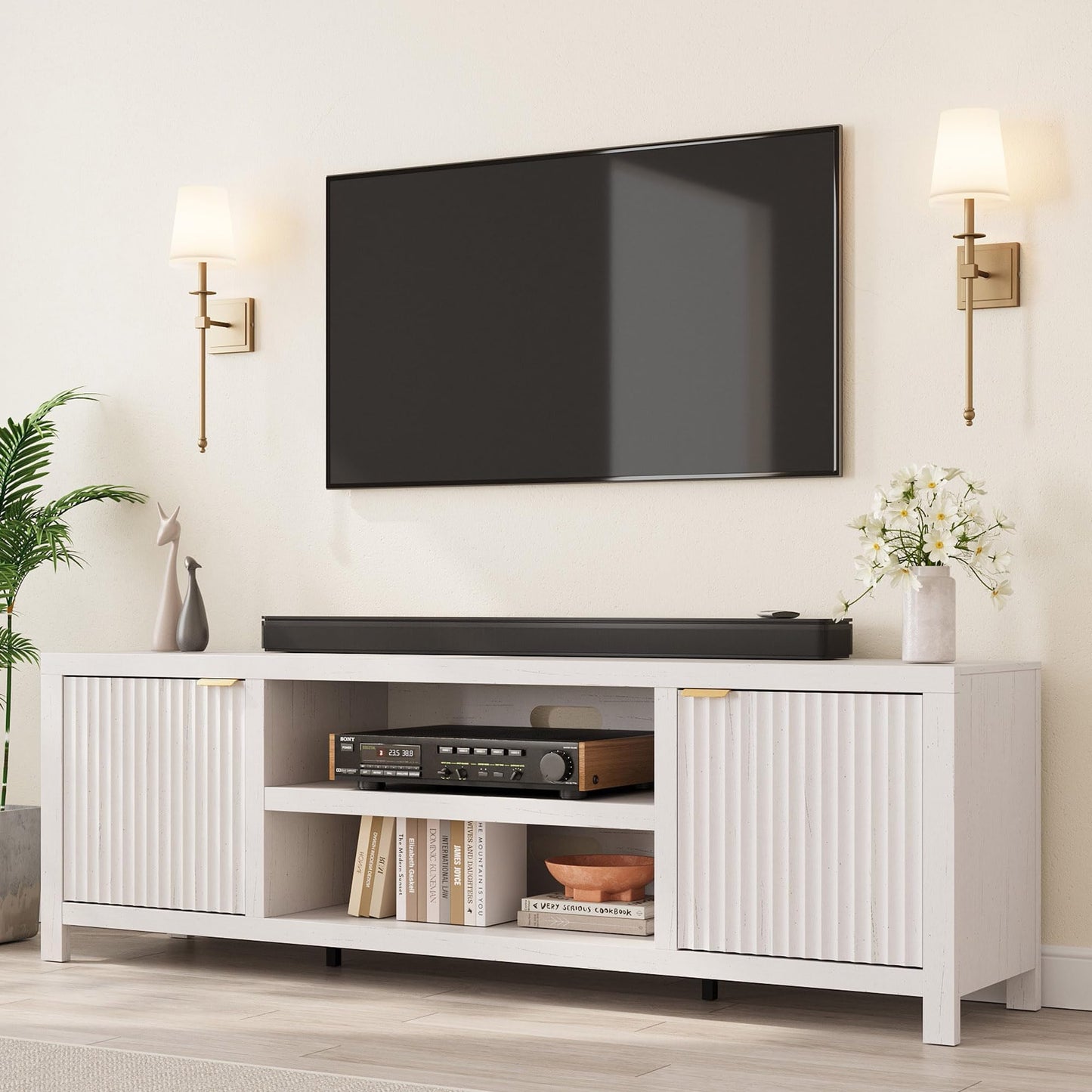 IDEALHOUSE Fluted TV Stand for 75+ Inch, Modern Entertainment Center with 2-Tier Storage & Adjustable Shelves, Media Console Cabinet with 2 Fluted Doors and Gold Handle for Living Room, Bedroom, White