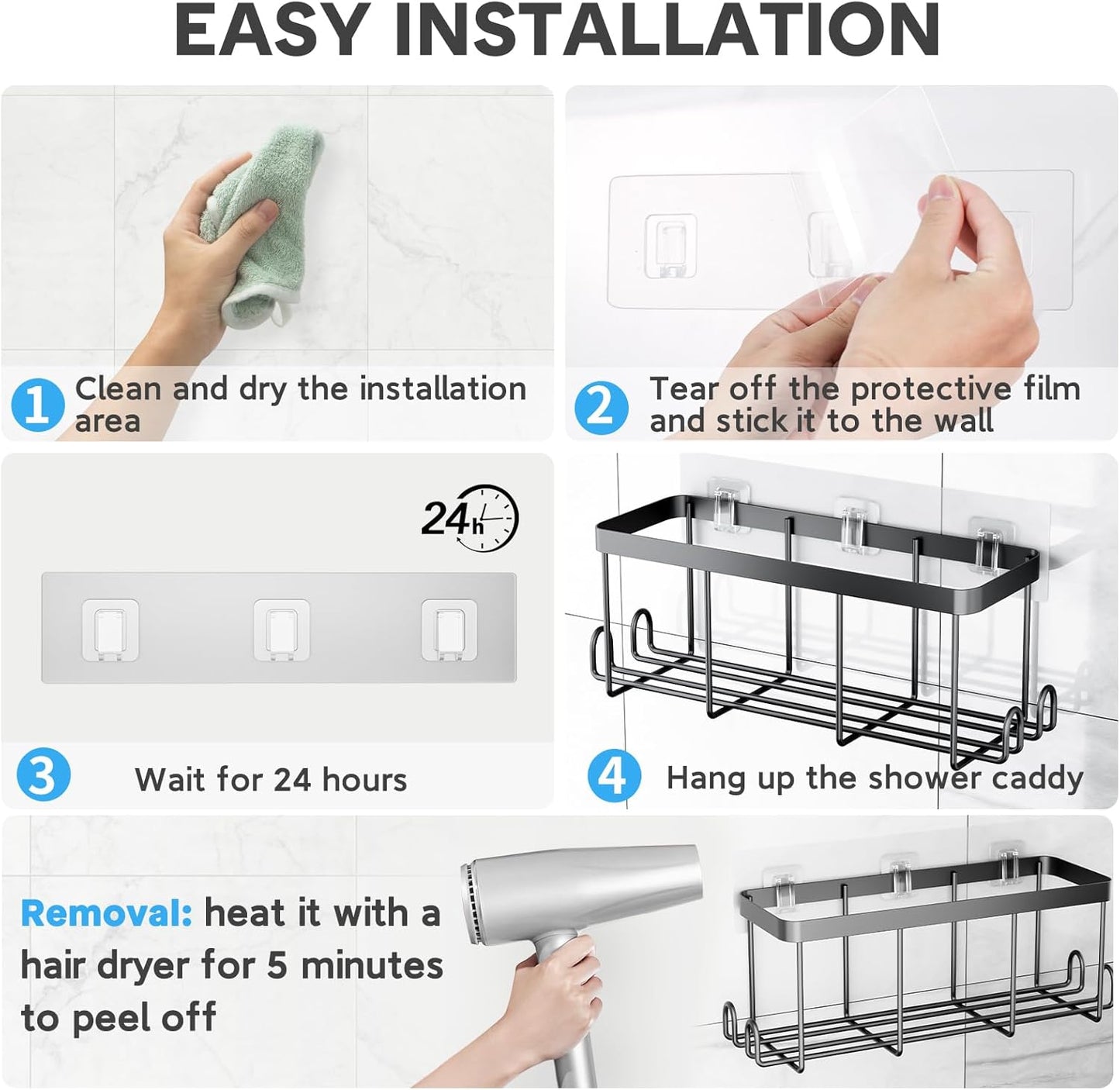 14 Pack Lsnisni Shower Caddy Adhesive Replacement, Waterproof Shower Shelf Adhesive Strips, Strong Adhesive Flat Hooks
