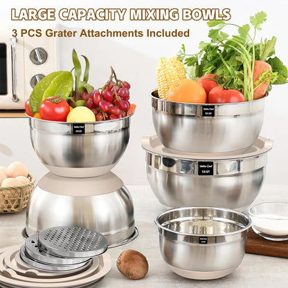 Umite Chef Mixing Bowls Set - 8PCS Stainless Steel Nesting Bowls with Airtight Lids & Grater | Non-Slip Bottoms, 1.5QT to 5QT