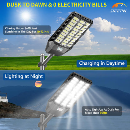Deepn Solar Street Light, Commercial Grade Solar Lights Outdoor IP67 Waterproof, 8700W LED Flood Security Lights Motion Sensor & Dusk to Dawn Outdoor Lighting for Parking Lots, Streets & Yard, 4 Pack
