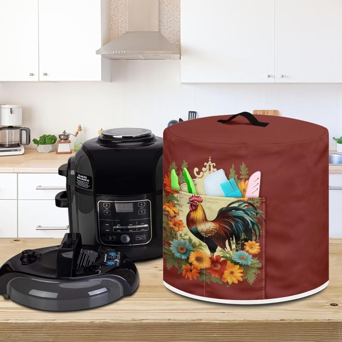 Sunflower Rooster Pressure Cooker Cover, Dust-proof Cover for Rice Cooker with Pocket and Top Handle