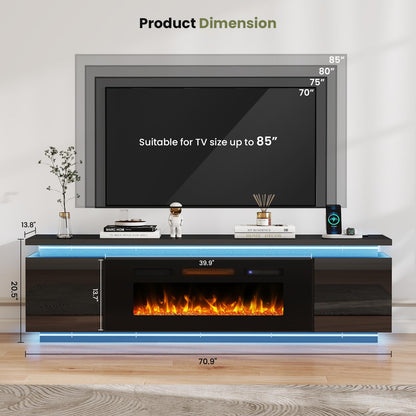 Lamtor Fireplace TV-Stand with 40" Fireplace - 2 LED Light TV-Stand for 85 inch TVs - Entertainment Center with 4 AC Power Outlets - 2 Tier TV Consoles Stand for Living Room, Black