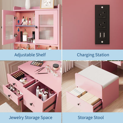 Garvee 3 in 1 Vanity Desk with LED Light, Tall Makeup Vanity Set with 2 AC Outlets & USB-c, Dressing Table with Drawers & Acrylic Doors, Nightstand Vanity Mirror, Jewelry Box, Cushioned Chair, Pink