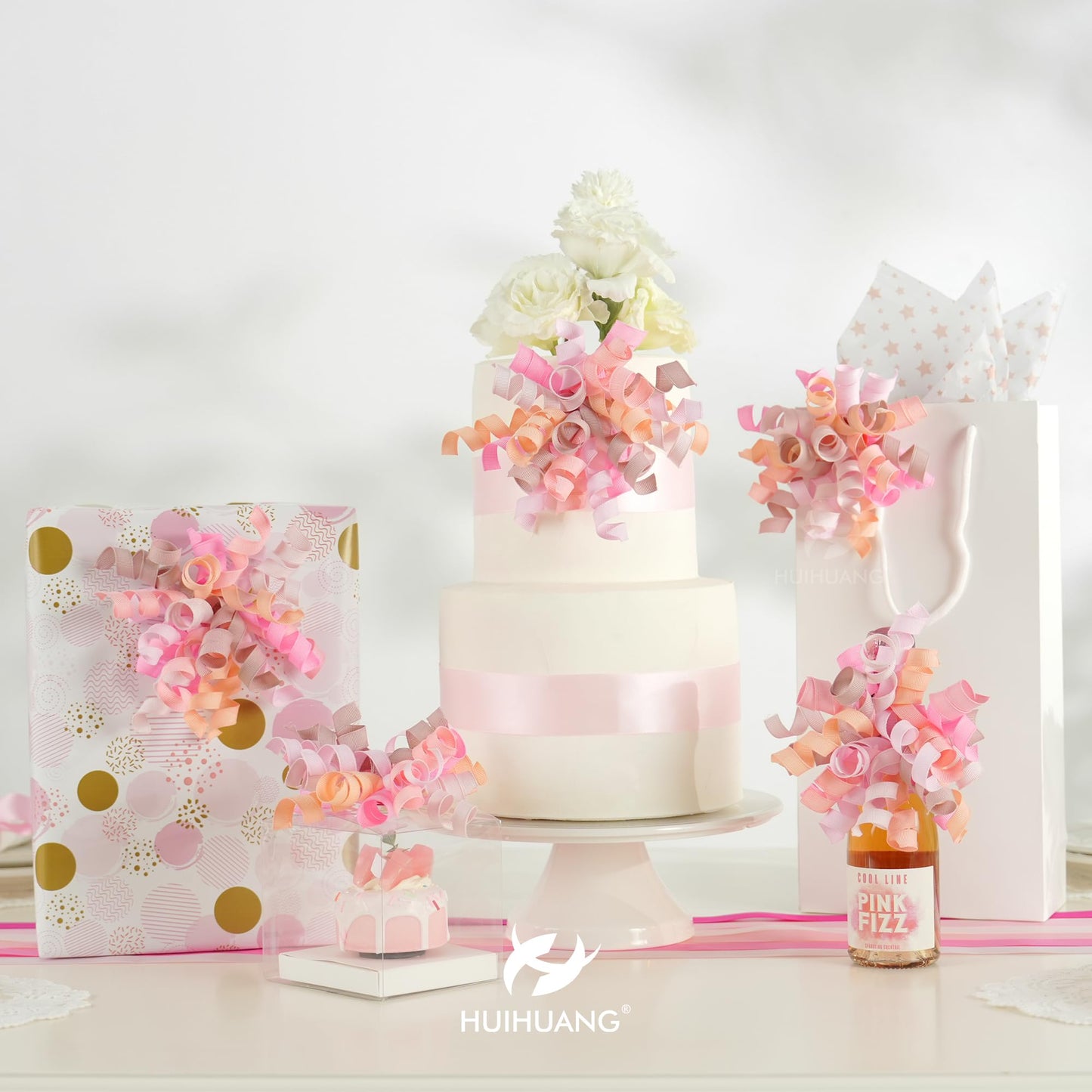 HUIHUANG Dusty Pink & Rose Bows for Gift Wrapping, Self-Adhesive Curly Ribbons for Presents, Wine Bottles, Treat Bags, Birthday & Wedding Favors - 6 Counts